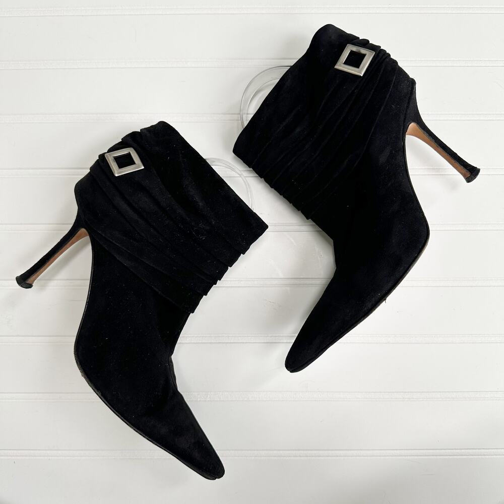 Jimmy Choo Black Suede Ruched Ankle Boots Vintage Stiletto Buckle 39.5 (US 9.5)